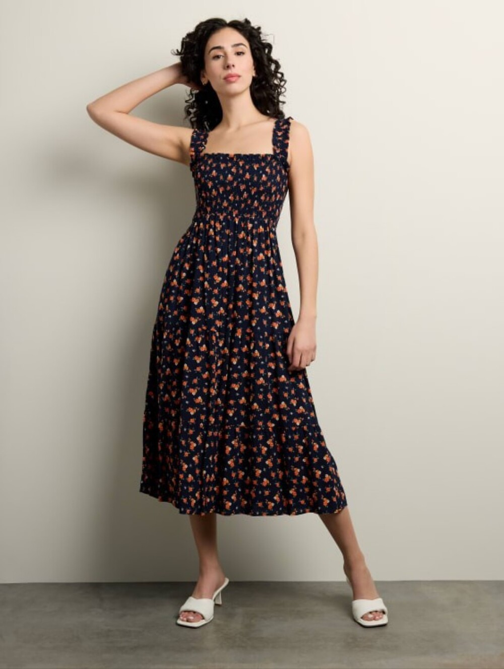 Apricot Smocked Square-Neck Navy Floral Midi Dress